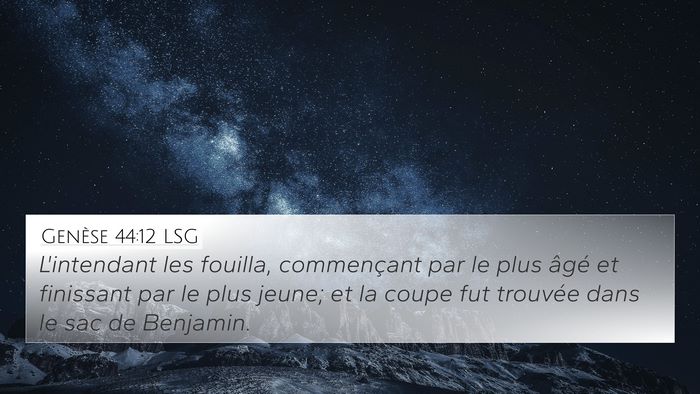 Genèse 44:12 LSG 4K Wallpaper - L'intendant les fouilla, commençant par le plus - 4K Wallpaper Bible Verse