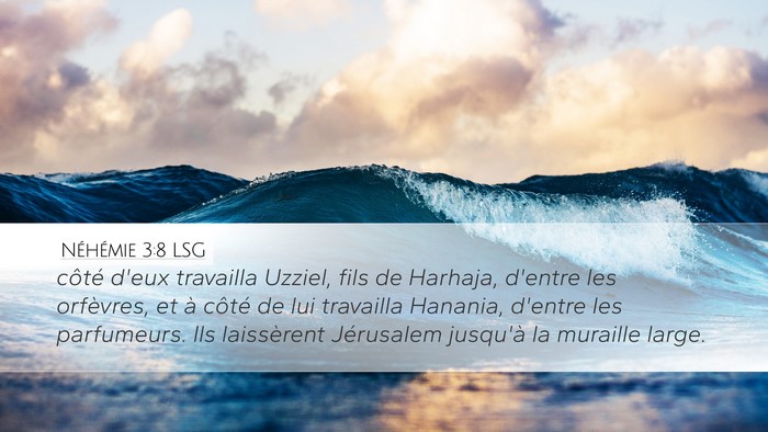 Néhémie 3:8 LSG Desktop Wallpaper - côté d'eux travailla Uzziel, fils de Harhaja, - Desktop Bible Verse Wallpaper