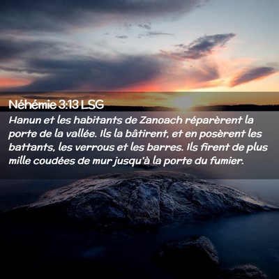 Picture 02 - Néhémie 3:13 LSG - Hanun et les habitants de Zanoach réparèrent la - Bible Verse Picture