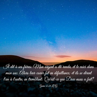 Picture 03 - Genèse 42:28 LSG - Il dit à ses frères: Mon argent a été rendu, - Bible Verse Picture