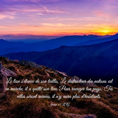 Picture 03 - Jérémie 4:7 LSG - Le lion s'élance de son taillis, Le destructeur - Bible Verse Picture