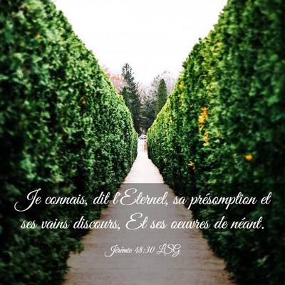 Picture 03 - Jérémie 48:30 LSG - Je connais, dit l'Eternel, sa présomption et ses - Bible Verse Picture