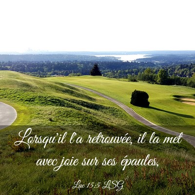 Picture 03 - Luc 15:5 LSG - Lorsqu'il l'a retrouvée, il la met avec joie sur - Bible Verse Picture