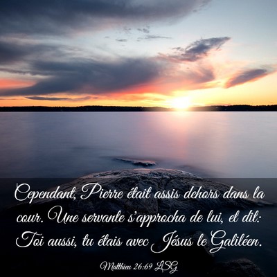 Picture 03 - Matthieu 26:69 LSG - Cependant, Pierre était assis dehors dans la - Bible Verse Picture