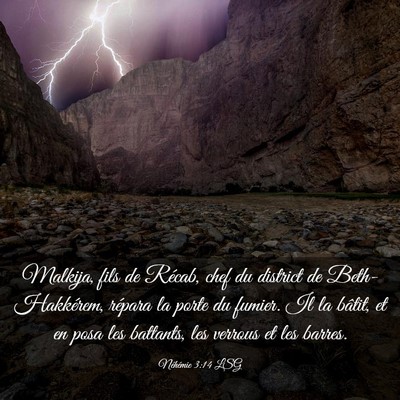 Picture 03 - Néhémie 3:14 LSG - Malkija, fils de Récab, chef du district de - Bible Verse Picture