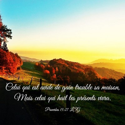 Picture 03 - Proverbes 15:27 LSG - Celui qui est avide de gain trouble sa maison, - Bible Verse Picture