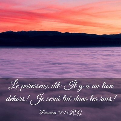 Picture 03 - Proverbes 22:13 LSG - Le paresseux dit: Il y a un lion dehors! Je serai - Bible Verse Picture