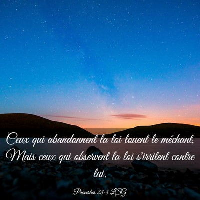 Picture 03 - Proverbes 28:4 LSG - Ceux qui abandonnent la loi louent le méchant, - Bible Verse Picture