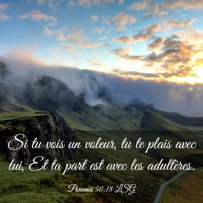 Picture 03 - Psaumes 50:18 LSG - Si tu vois un voleur, tu te plais avec lui, Et ta - Bible Verse Picture