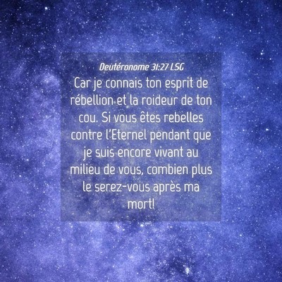 Picture 04 - Deutéronome 31:27 LSG - Car je connais ton esprit de rébellion et la - Bible Verse Picture