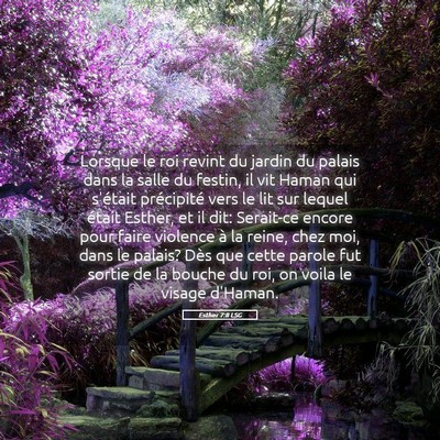 Picture 05 - Esther 7:8 LSG - Lorsque le roi revint du jardin du palais dans la - Bible Verse Picture