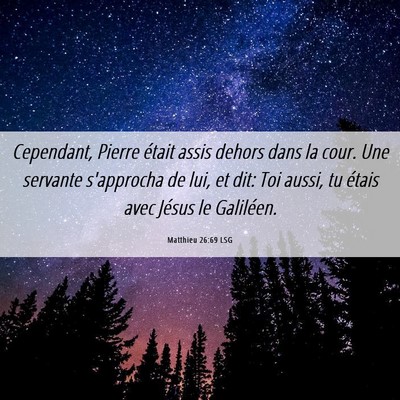 Picture 06 - Matthieu 26:69 LSG - Cependant, Pierre était assis dehors dans la - Bible Verse Picture
