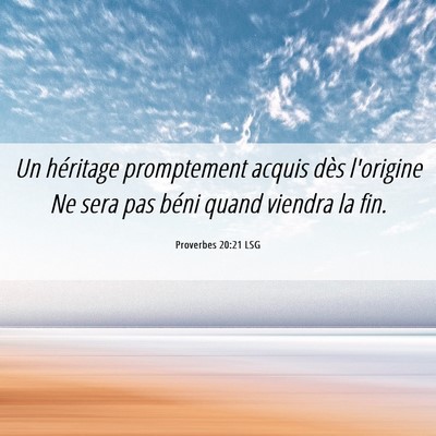 Picture 06 - Proverbes 20:21 LSG - Un héritage promptement acquis dès l'origine Ne - Bible Verse Picture