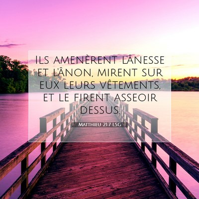 Picture 07 - Matthieu 21:7 LSG - Ils amenèrent l'ânesse et l'ânon, mirent sur - Bible Verse Picture